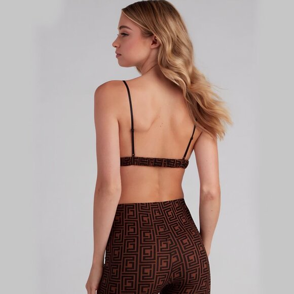 Greek Mystique Tan Black Geometric Pajama Bralette Surplice Neck Adjustable S - Picture 2 of 3